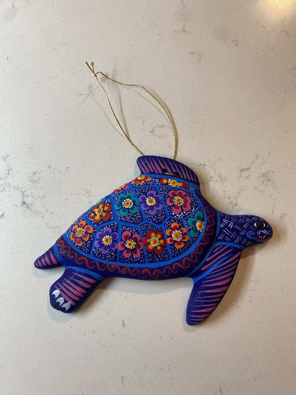 Mexican Folk Art Hand Painted Ceramic Turtle Ornament Blue Floral Hanging Decor